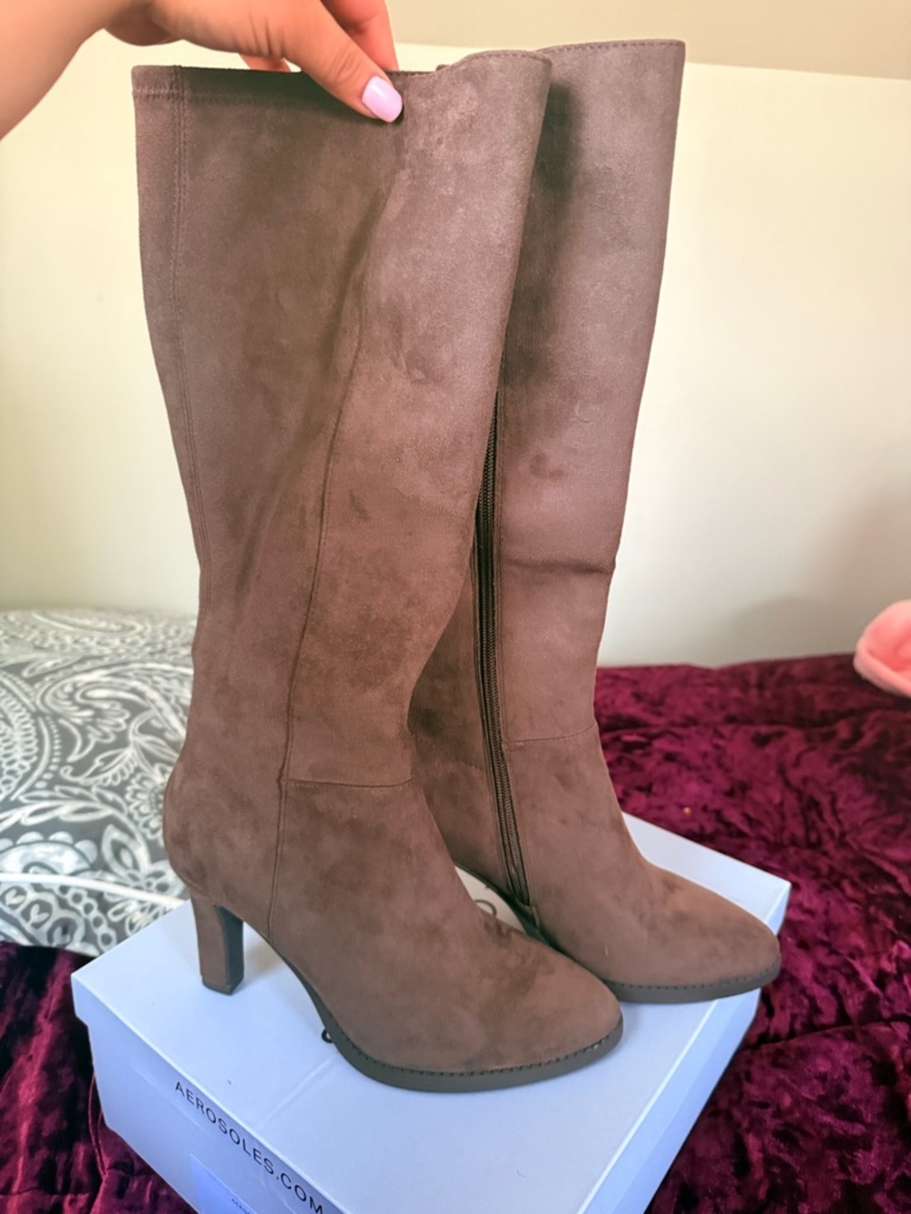AEROSOLES Brown Suede Knee-High Heeled Boots with Side Zip - Picture 3 of 5
